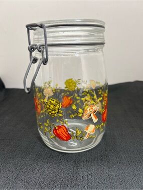 Vintage ARC France Glass jar canister with tomatoes and mushrooms